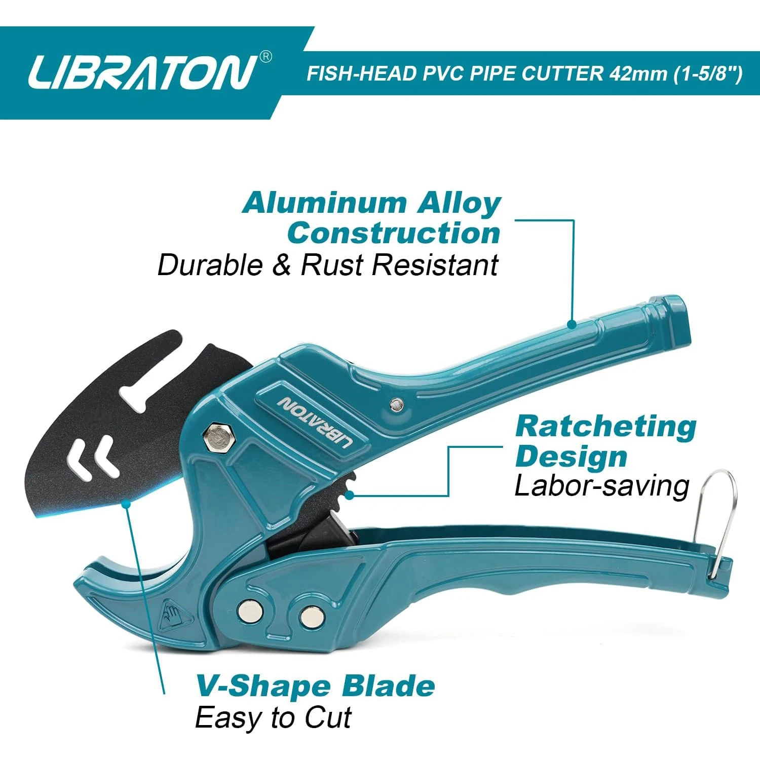 Libraton PVC Pipe Cutter 1PC Up to 42mm, Fish-Head Ratchet PEX Cutter, Heavy-Duty Plastic Pipe Cutting Tool for Hoses & Plumbing