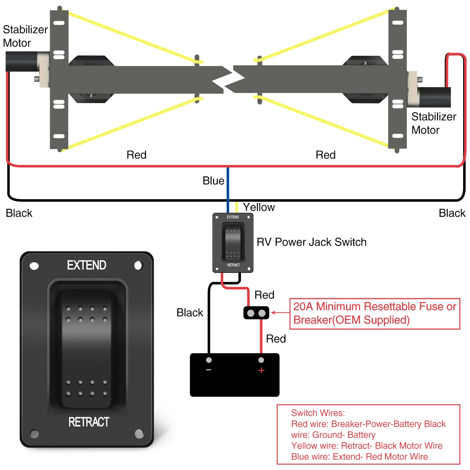 Nilight RV Electric Stabilizer Jack Switch Power Rocker Switches Extend Retract ON Off ON Momentary Waterproof with Harness for Trailer Boat Truck Linear Actuator