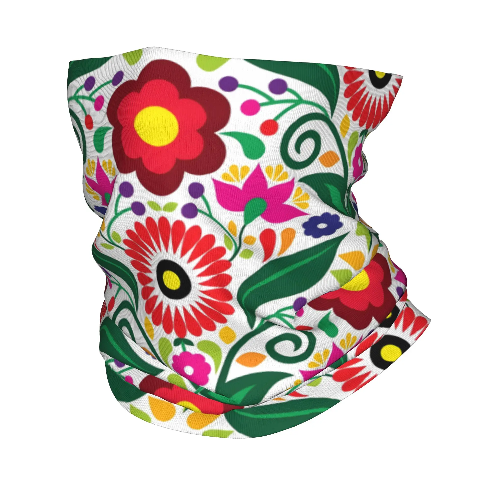 Custom Mexican Folk Flowers Art   Bandana Winter Neck Warmer Men Windproof Wrap Face Scarf for Hiking  Gaiter Headband