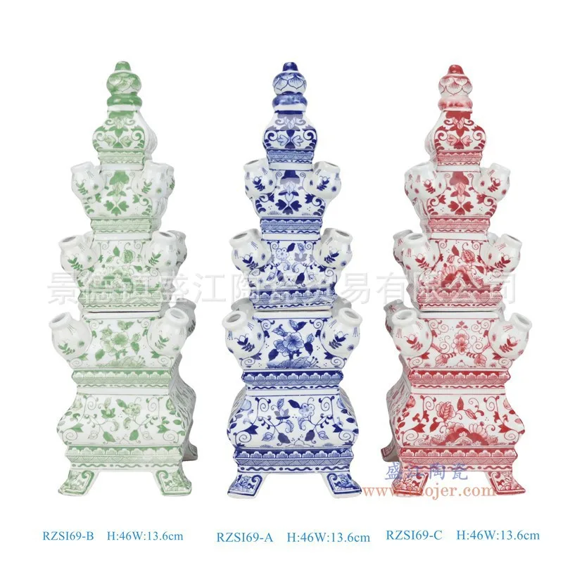 

Jingdezhen Ceramic Antique Blue and White Porcelain Pagoda Linglong Wenchang Pagoda Classical Porous Flower Arrangement Pagoda O