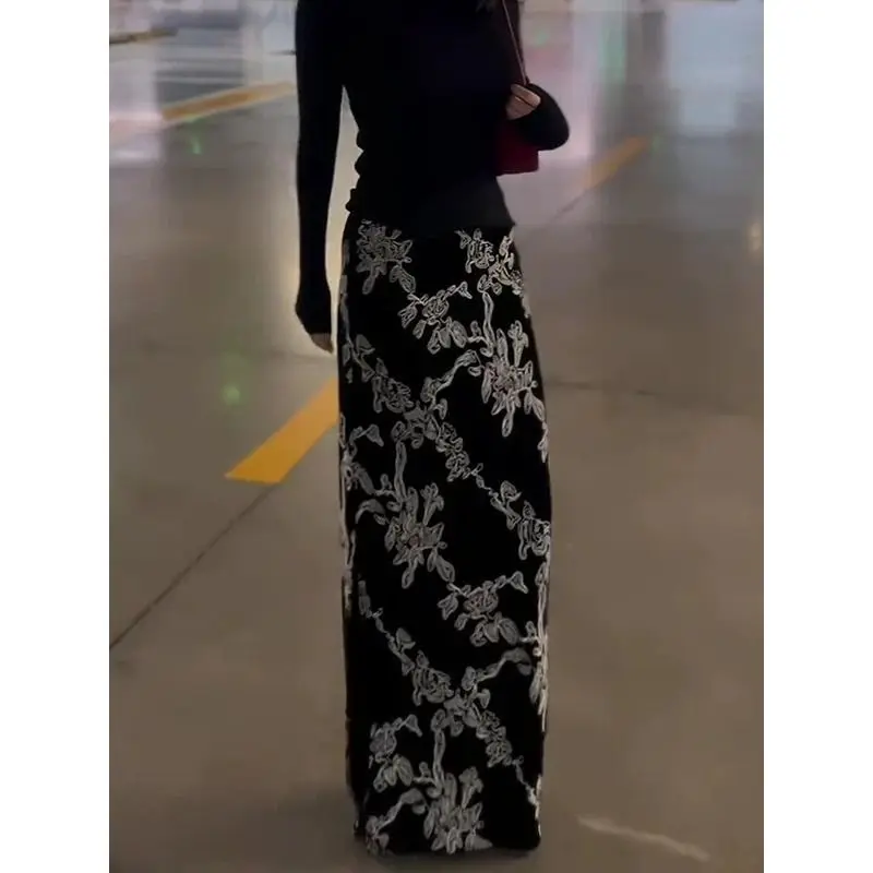 Women Vintage Floral Print Maxi Skirt High Waist Slim Fit Side Split Long Skirt Casual Bottoms