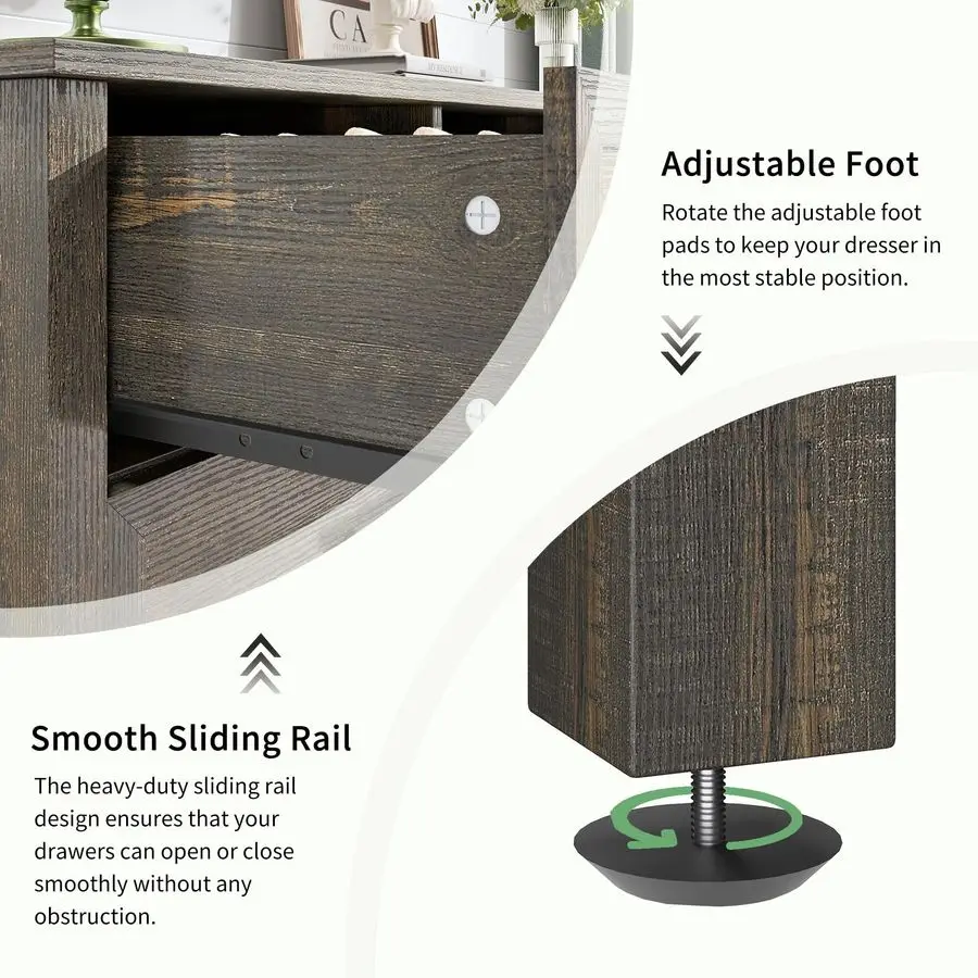Cômoda para quarto, cômoda com 9 gavetas com textura natural, cômoda larga rústica de madeira para quarto, corredor, entrada, marrom escuro