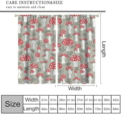 Sage Green Mushroom Curtain 2 Panels, Red White Spotted Toadstool Simple Leaf Repeat Print, Drapes for Bedroom Cottage Curtain