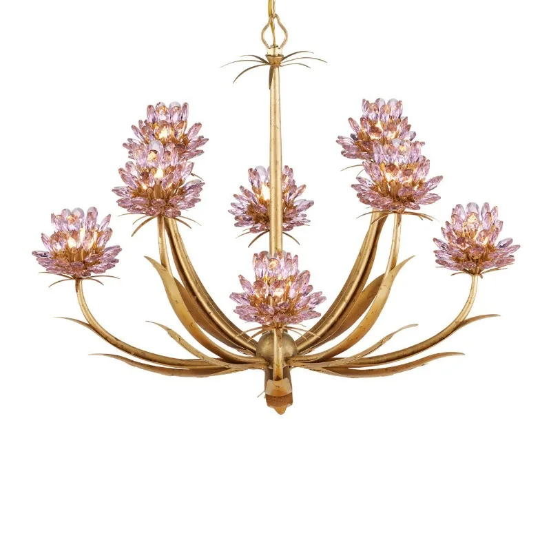 French lotus pink crystal chandelier, personalized villa living room palace high-end dining room American bedroom simple lamps