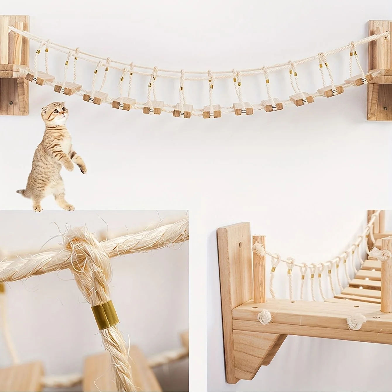 Solid Wood Cat Tree with Suspended Bridge Wall-Mounted Cat Tree Frame For Kittens Adult Cats and All Sizes - Image 4