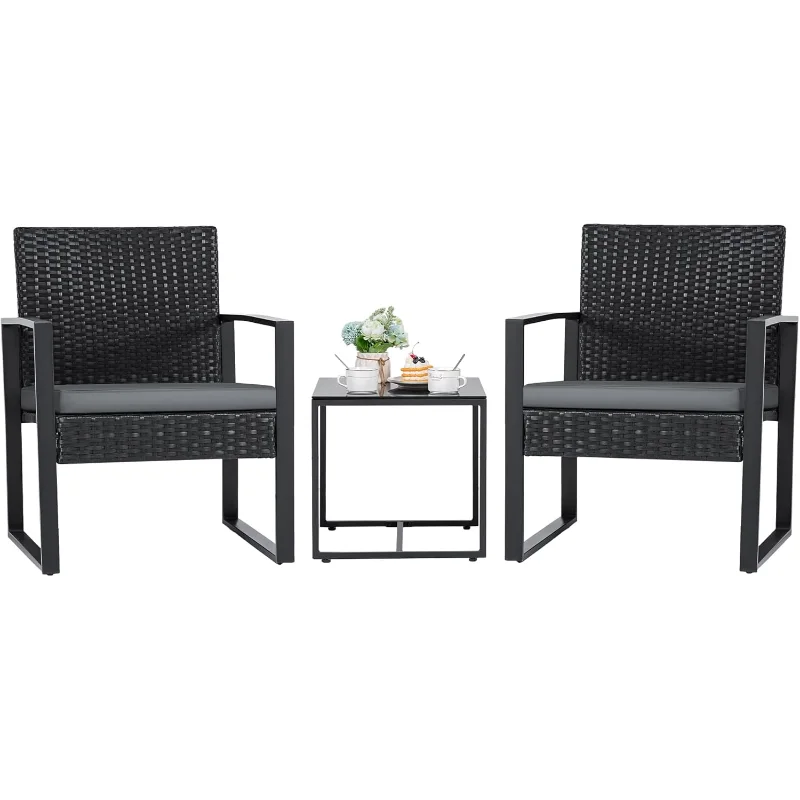 

3 Pieces Patio Set Outdoor Wicker Furniture Modern Bistro Rattan Chair Conversation Set with Coffee Table for Yard