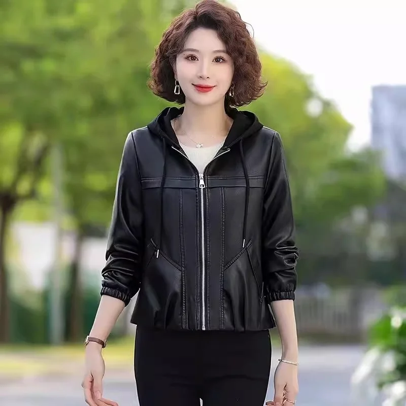 2025 Autumn Fashion Hooded PU Leather Jacket For Women Loose And Versatile Stylish Casual Coat Top w509
