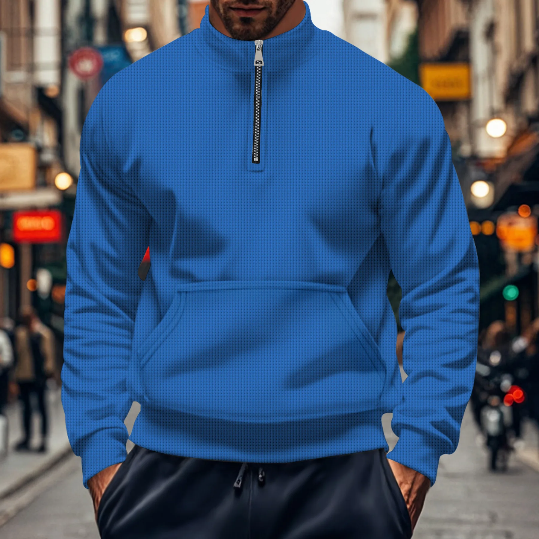 

Spring and fall trend sports men's high neck solid color half zip pullover hoodie men's outdoor casual loose pocket long sleeve