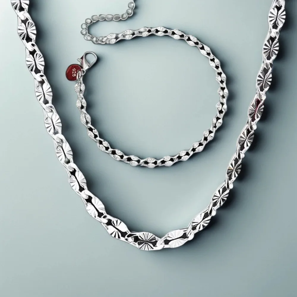 Hot charms 2pcs 925 Sterling Silver Creative 4MM width Chain Bracelet necklace for women fashion original Jewelry Set Wedding