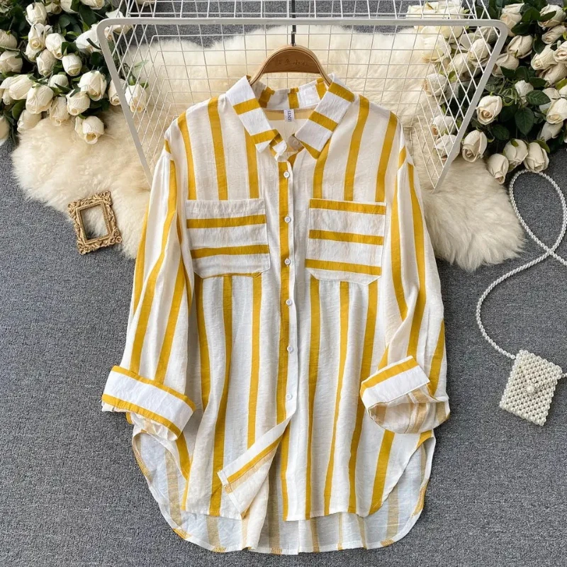 

Summer and Spring New Medium and Long Vertical Striped Multi-color Shirt Jacket Women's Korean Version Casual Loose Top