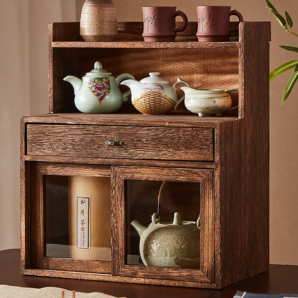 Solid wood dustproof tea cosmetic tea cabinet desktop boogie stand tea cup holder teapot display stand storage shelf