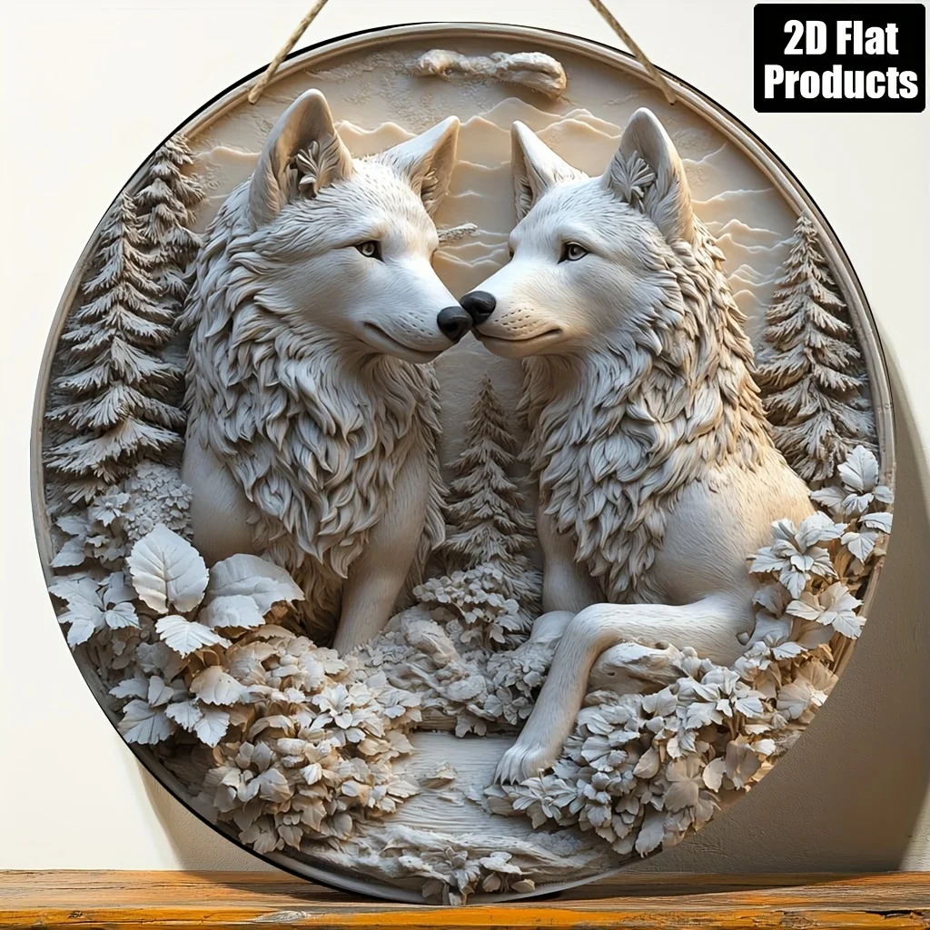 [2D Flat] 2D Flat, 1pc, Round Wooden Board Decorative Painting Sign, Wolf Couple Wall Art Theme, Suitable for Bar Kitchen Coffee
