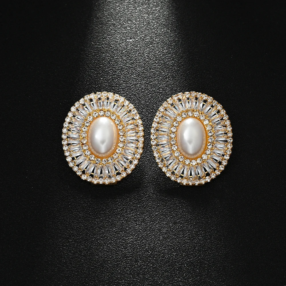 Fashion Imitation Pearl Ear Clip Earrings No Piercing for Women Gift 2024 Round Rhinestone Earrings Wedding Jewelry Wholesale