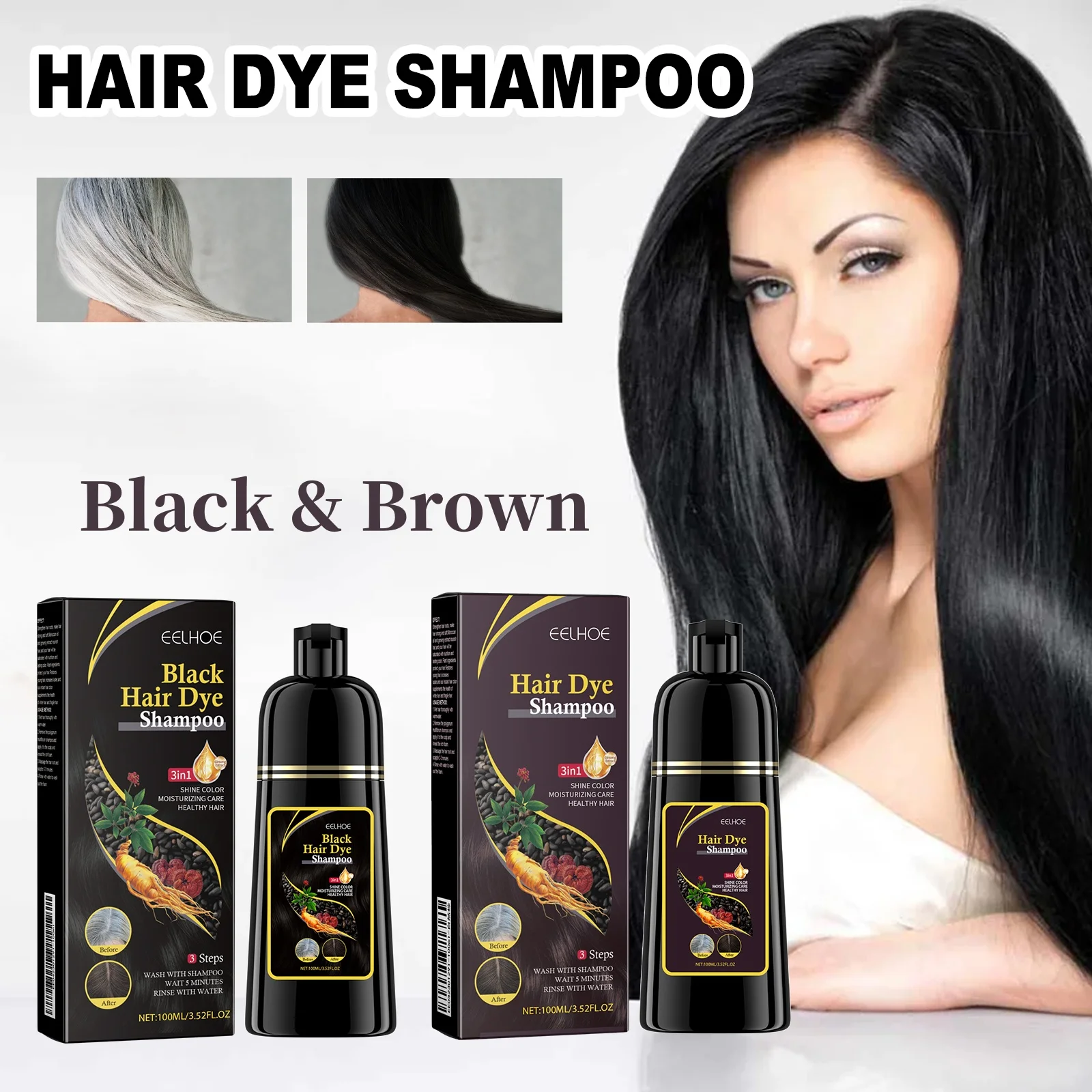 Black Hair Shampoo Polygonum Multiflorum Essence Nourish Clean Dandruff Remove Oil Control Smooth Fluffy Natural Brown Color