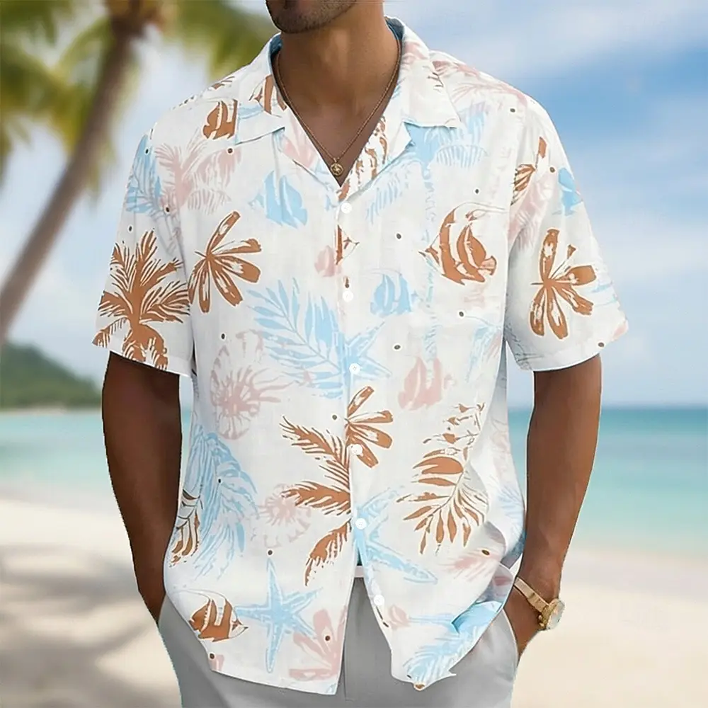 Men's Palm Leaf Tropical Hawaiian Shirt, Cuban Camp Collar Short Sleeve 3D Print Beach Shirt, Blue Green Khaki