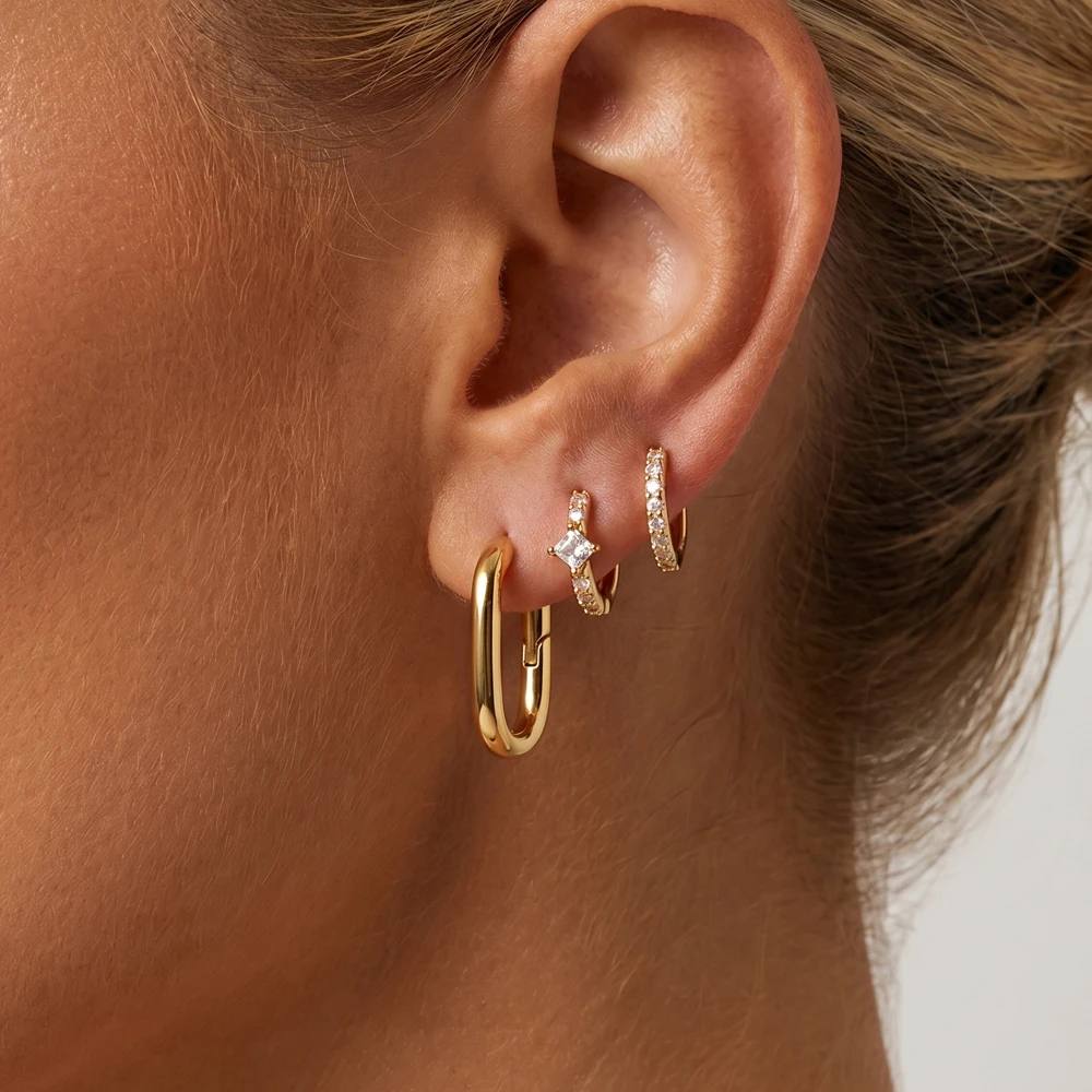 

3 Pairs Gold Color Stainless Steel Hoop Earrings Set for Women Minimalist CZ Huggie Earring Cartilage Piercing Jewelry Accessory