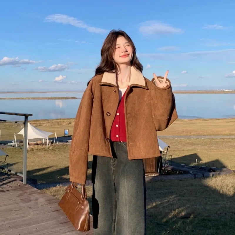 New Imitation Suede Short Jackets Women's Double-face Leather Lamb Wool Coat Reversible Thick Warm Single Breasted Outwear Trend