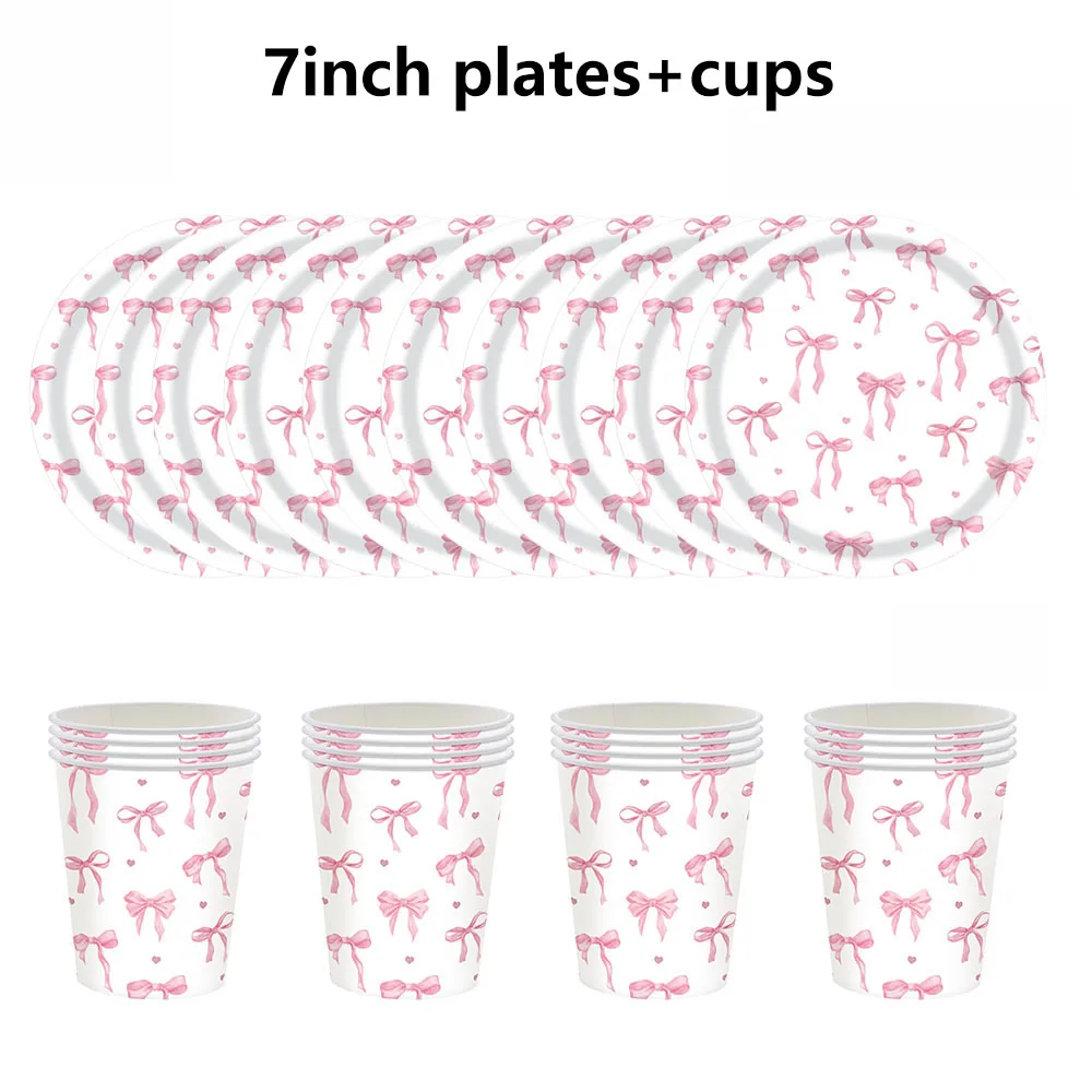 20-80Pcs Pink Bow 7inch Plates Cups Set Disposable Paper Tableware Pink Bow Theme Birthday Baby Shower Wedding Party Supplies