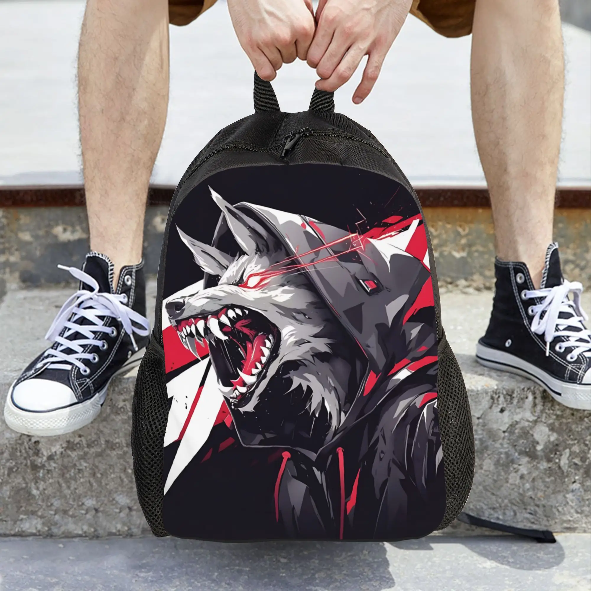 Fashion Cool Wolf Pattern Wolf spirit backpack  mochila Snack Storage Outdoor Zipper Closure Rucksack