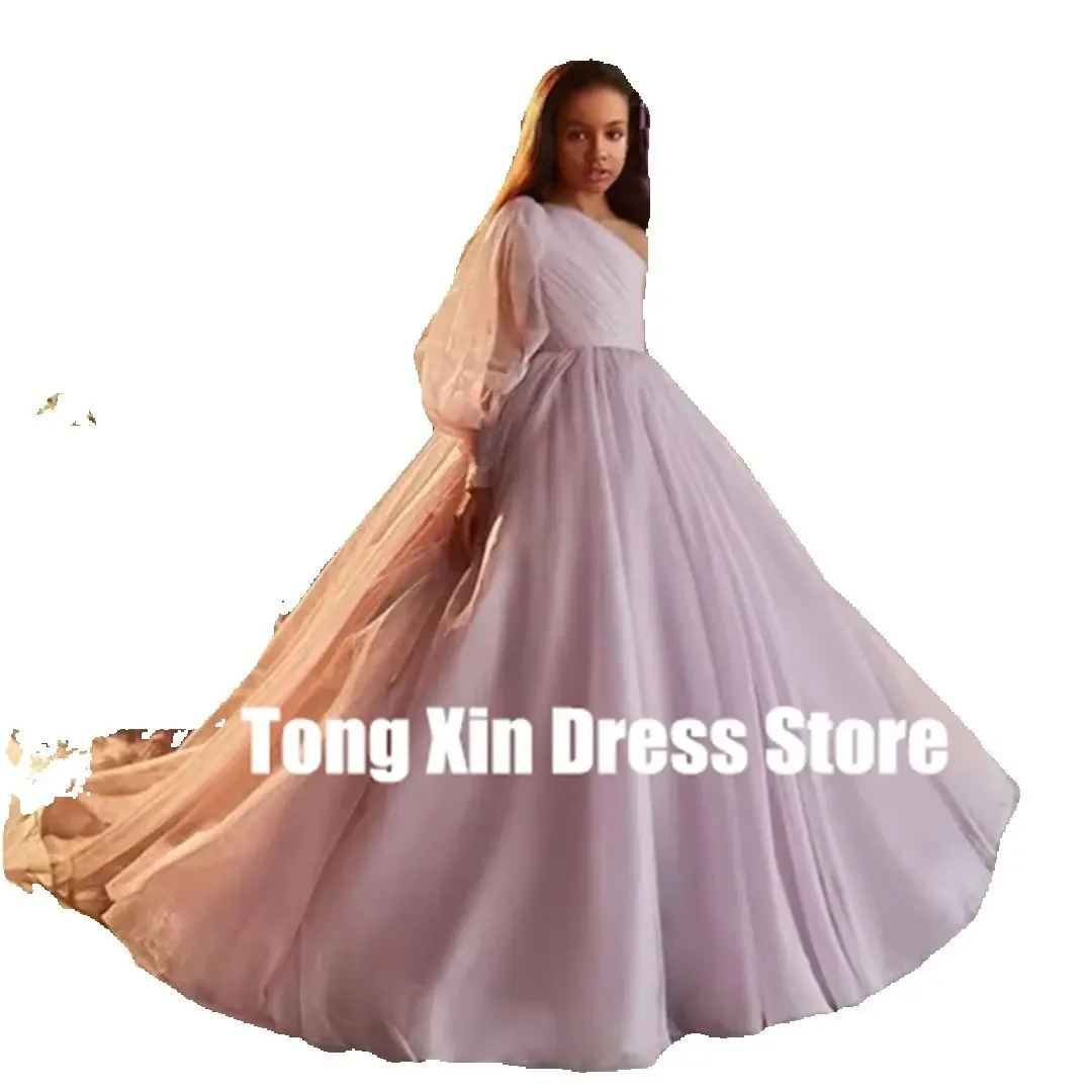 ชุดเดรสเด็กผู้หญิงสำหรับงานแต่งงาน ผ้าทูลล์ ไหล่เดียว แต่งดอกไม้ตามสั่ง ยาวกรอมพื้น สง่างาม เหมาะสำหรับงานวันเกิดเด็ก งานรับศีลมหาสนิทครั้งแรก