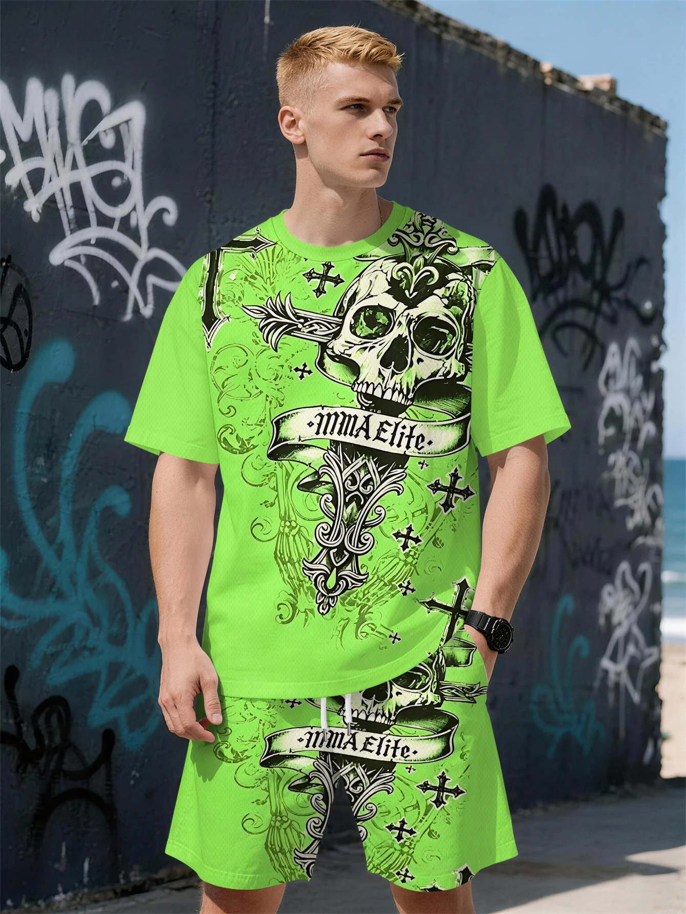 

2026 Summer New Men's Short-Sleeved Set with 3D Patterned Print for Street Casual Fashion Comfortable and Soft