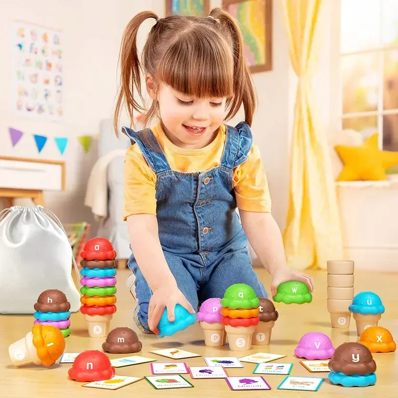 Eis-Stapel-Spiel für Kinder, sensorische Farbe, kognitives Zählen, Eiscreme-Spielzeug, Zahlen- und Farbsortierung, passendes Spielzeug für Jungen und Mädchen
