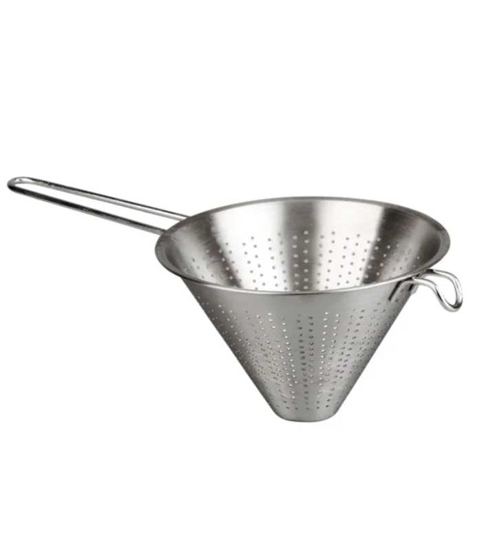 Tradineur Chinese colander, diameter 18 cm, stainless steel with handle, silver, conical shape, kitchen