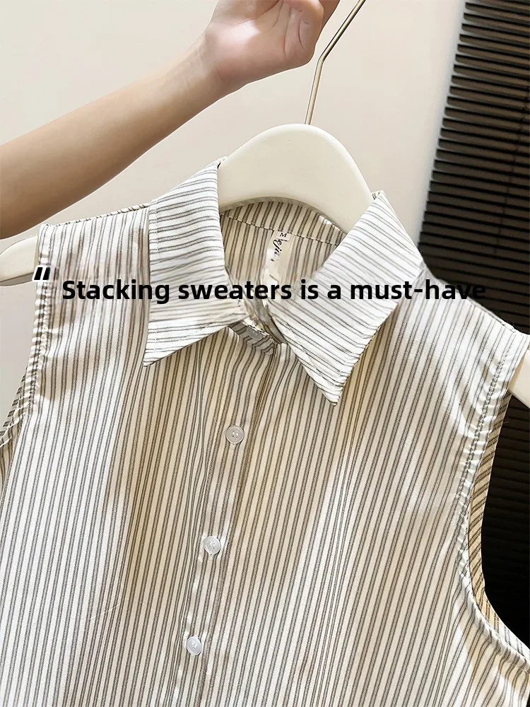 

Women's Casual Striped Sleeveless Shirt V-Neck Layering Base Layer Top Spring Autumn Winter Fashion French Style Loose Fit
