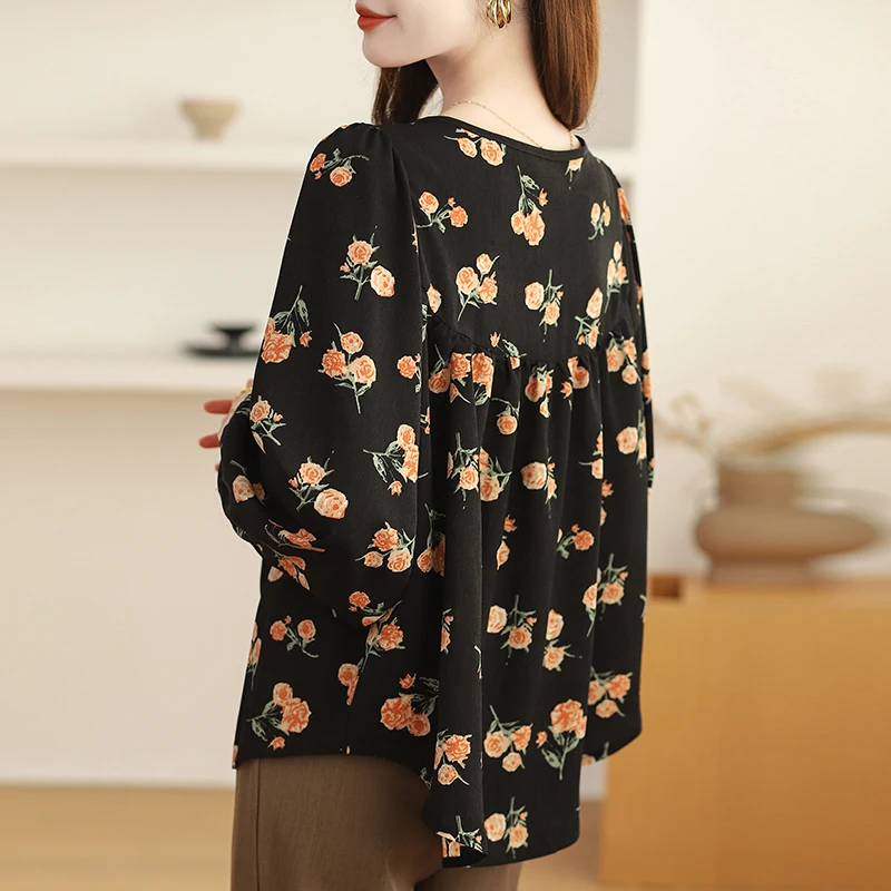 Women Summer Korean Chiffon Office Lady Printing O-neck Long Sleeve Shirts Women Clothes Casual All-match Simplicity Trend Tops