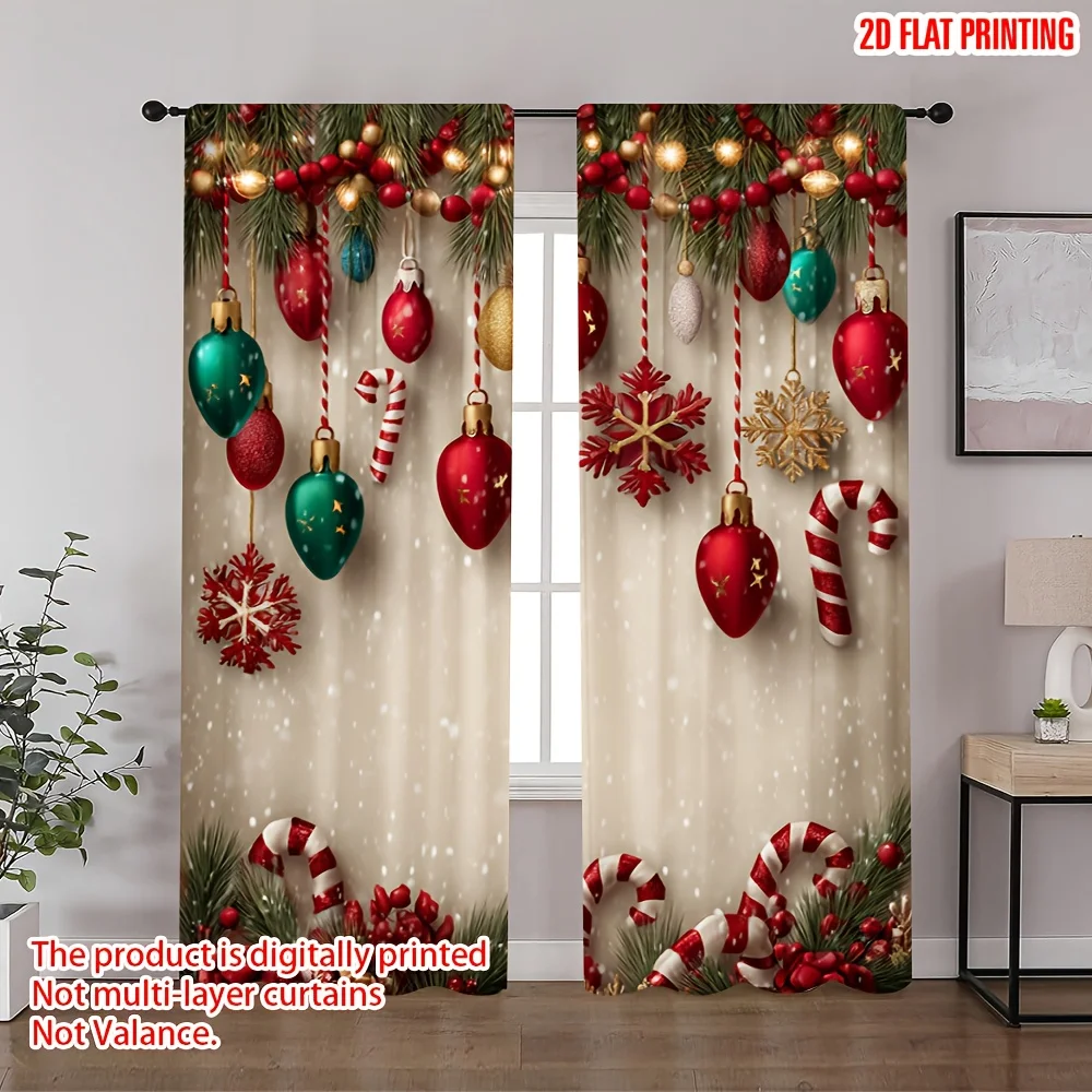 Merry Christmas Candy Cane Pattern Rod Pocket Curtains 2 Panel Drapes Suitable for Bedroom Living Room Office Decor