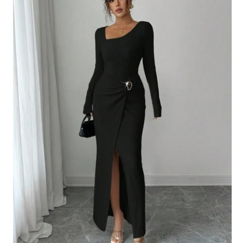 Women's 2026 Spring Summer Dress Fashion Slim Bag Hip Skirt Split Square Neck Long Sleeve Knitted Textured Bodycon Dresses Women