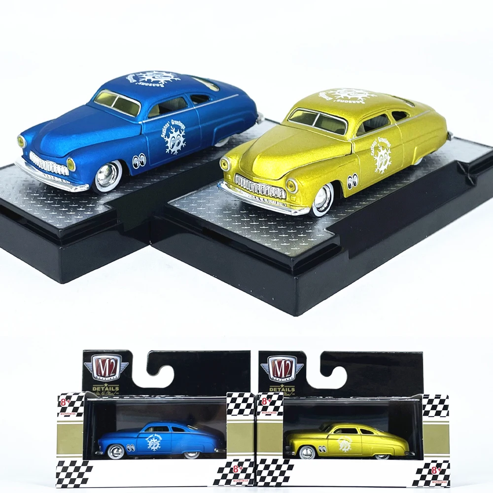 M2 Machines 1/64 1949 Mercury Custom Mooneyes Blue Gold Yellow Die-cast Alloy Car Model Collection Display Child Gift