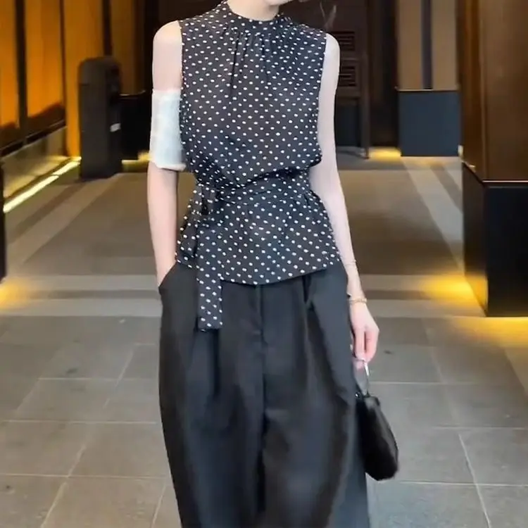

2025 Summer French Elegant Set for Women Luxury High-end Sleeveless Polka Dot Top and High Street Wide-leg Pants Two-piece Set