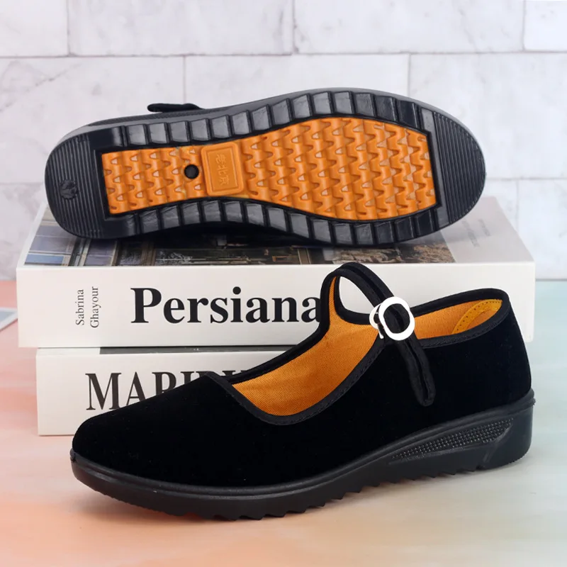 Zapatos de tela negros para mujer, zapatos de trabajo, zapatos de baile con tacón de cuña para madres de mediana edad y mayores