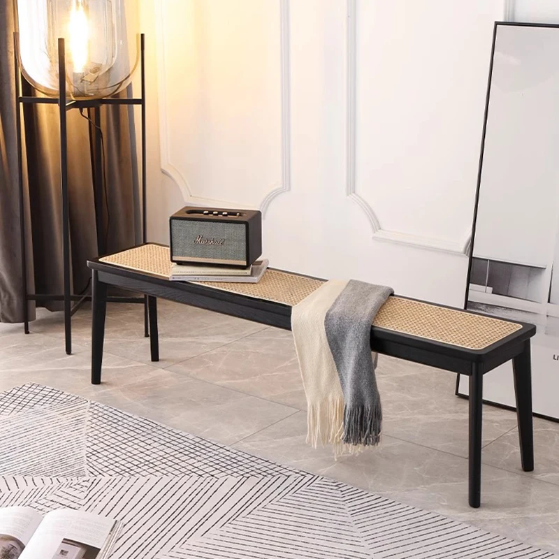 Solid Wood Shoe Bench Multi-Functional Hallway Ottoman Middle Ancient Style Bedroom Long Seat Rattan Weave Changing Shoe Stools