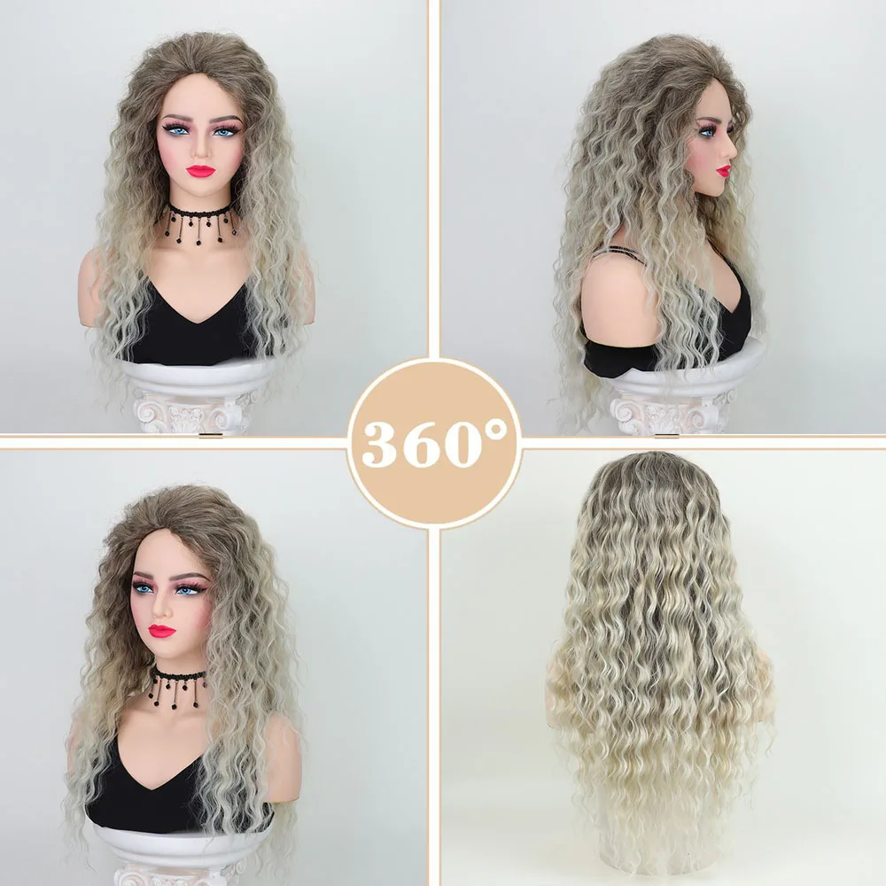 Long Curly Wig Ombre  Natural Curly Wave Hair Wigs for Women Fluffy Synthetic Loose Deep Wave Wigs Ash Blonde