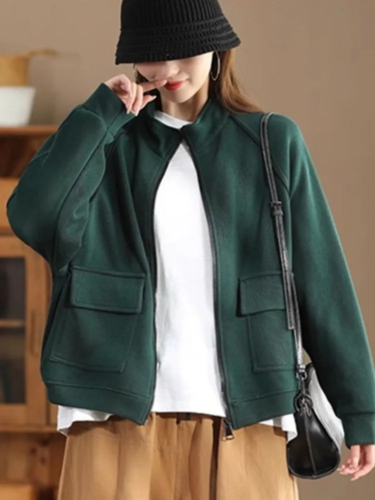 

Fashionable Anti-Aging Print Pure Cotton Sweatshirt Short Jacket Women Casual Loose Long Sleeve Stand Collar Open Cardigan Top