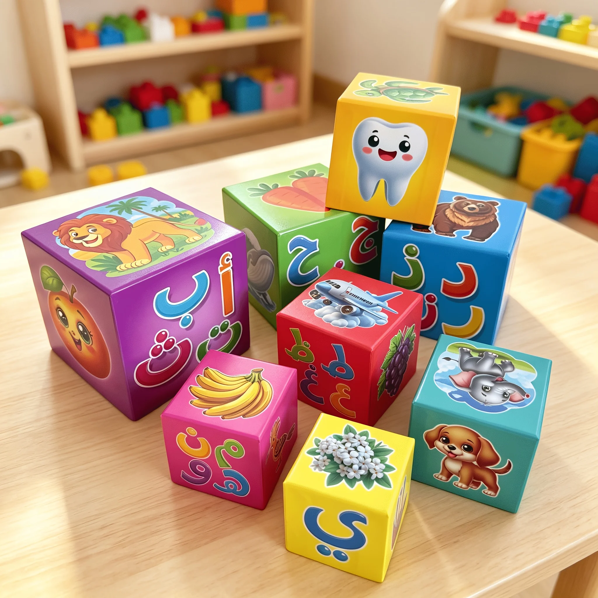 Portable Arabic stacking blocks; features letters and patterns for fun learning and hand-eye coordination; a great birthday gift