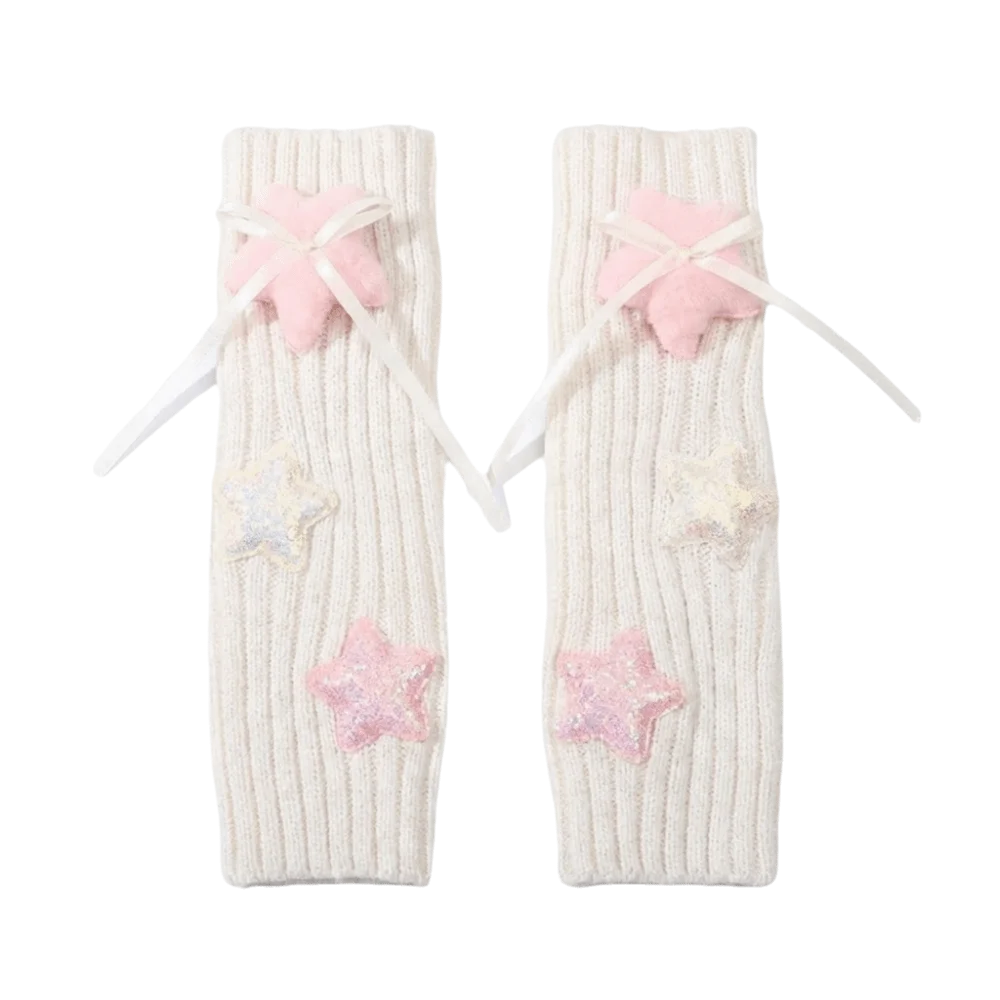 Sequin Star Decorated Fingerless Arm Covers Plush Long Cuff Soft Knitted Arm Warmers Windproof Warm Ribbon Bow Decor