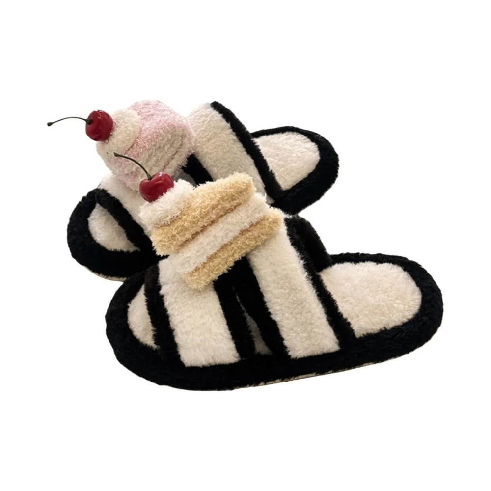 

3D Cute Cherry Cake Cake Winter Plush Slippers Anti Slip Open-toe Warm Fur Slippers Cartoon Ins Korean Fashion Y2K Cat Slippers