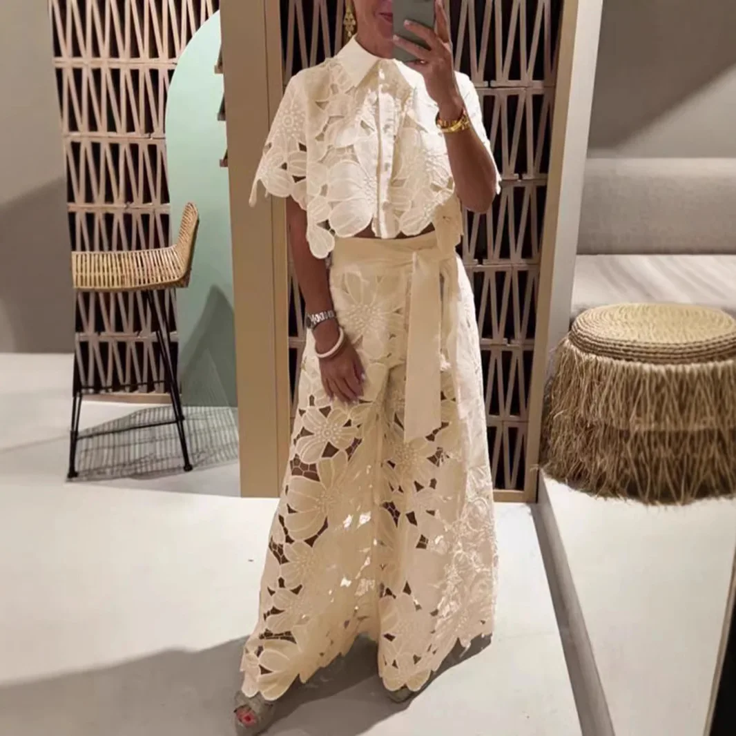 

Women Women's Two Pieces Set Lace Outfit Embroidery Retro Hollow Fashion Suit 2025 Elegant Button Short Sleeved Blouse Pant Sets
