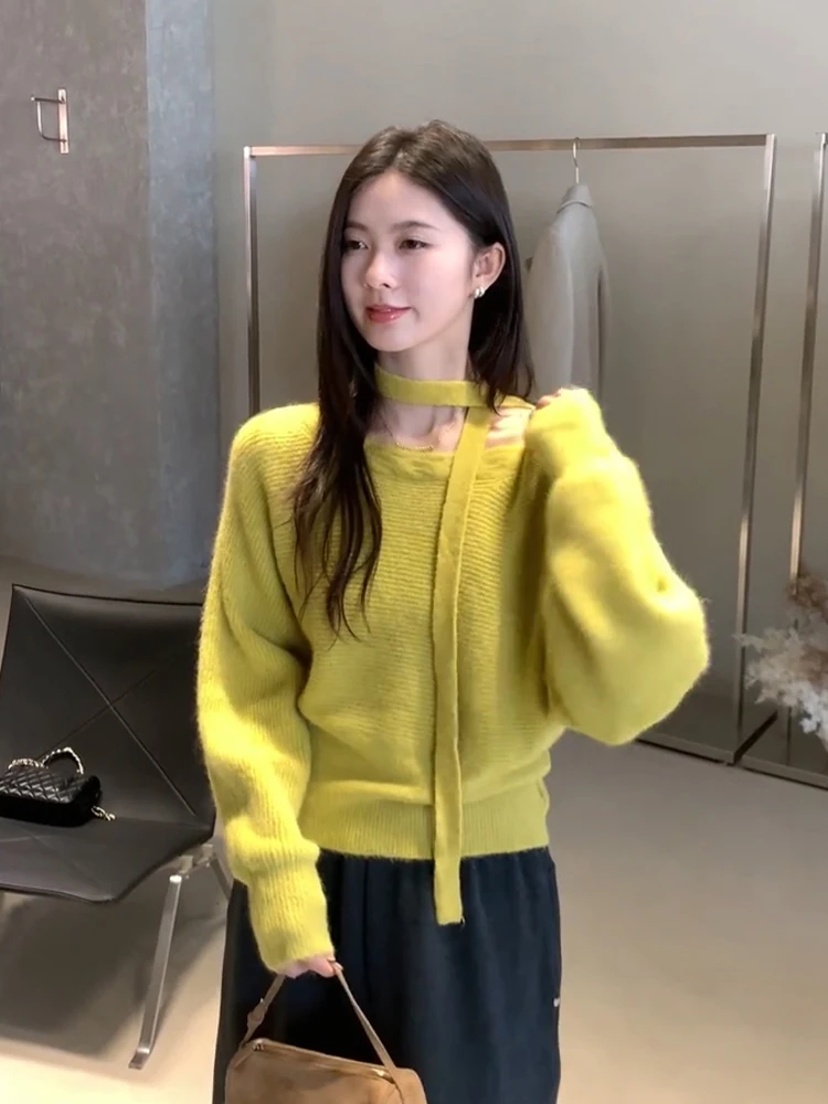 Koreański sweter damski z dzianiny z kołnierzem z futra niedźwiedzia, ocieplany, jesienno-zimowy, warstwa bazowa, sweter z okrągłym dekoltem.