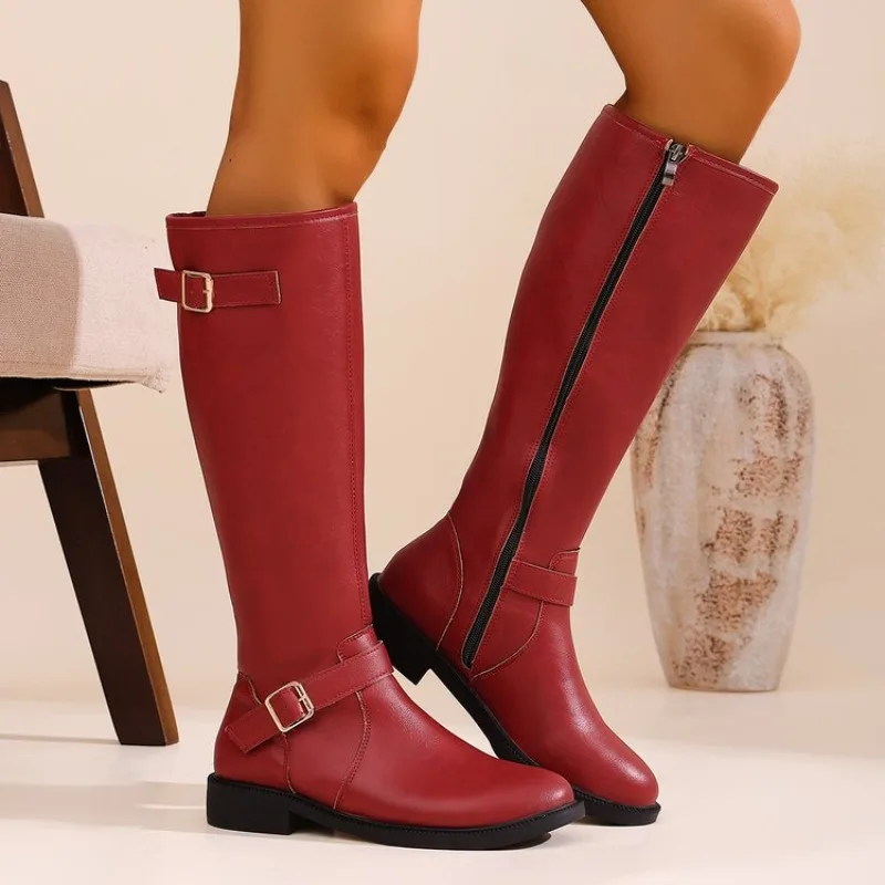 Nuevas Botas hasta la rodilla de cuero Pu, zapatos para mujer con hebilla, decoración de Metal, calzado de moda para exteriores para mujer, talla 35-43, Botas largas negras