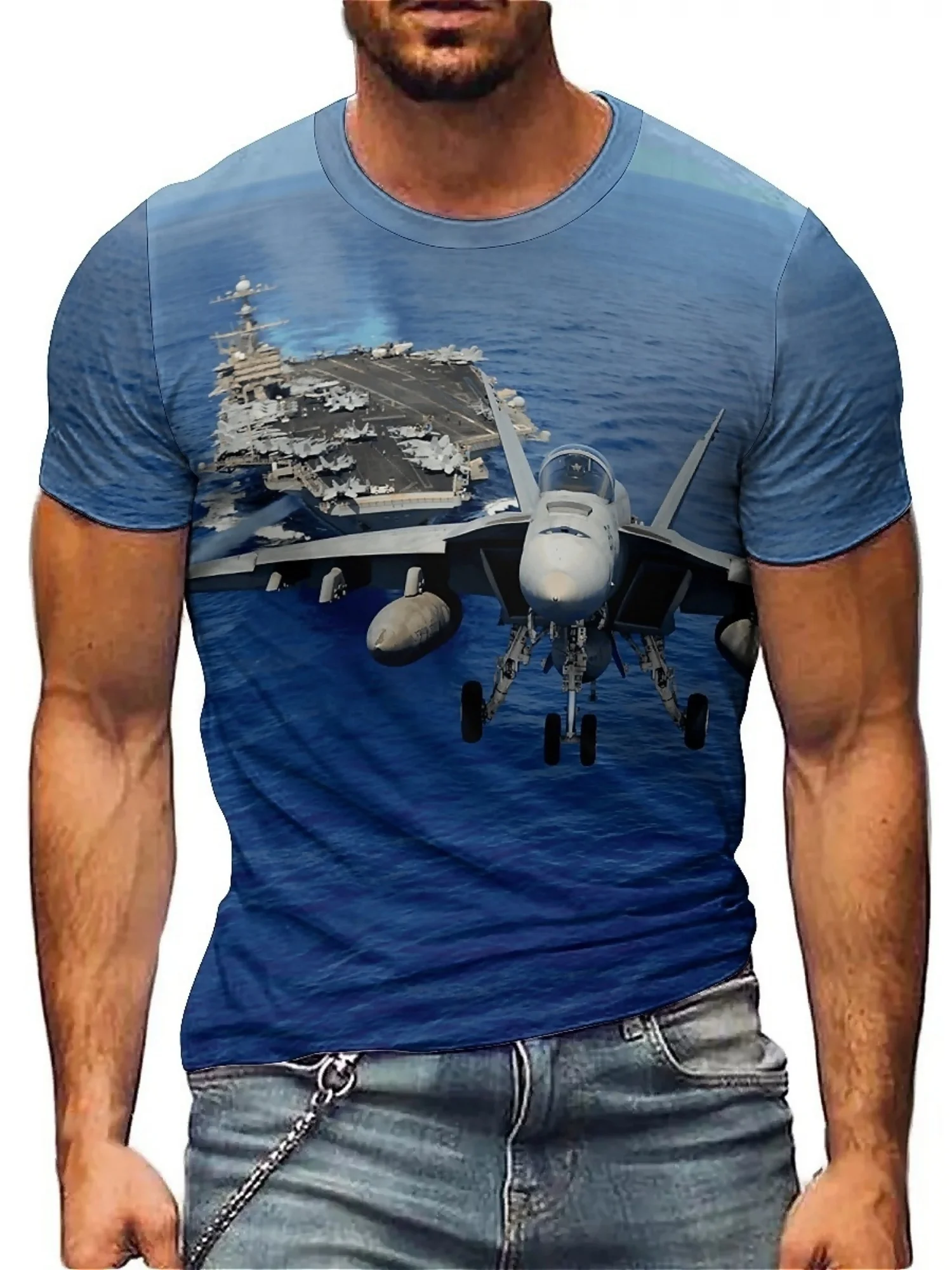 Men'S Plus Size 3D Airplane Carrier Graphic T-Shirt - Navy Blue, Soft Polyester, Short Sleeve, Loose Fit, Abstract Gothic tee