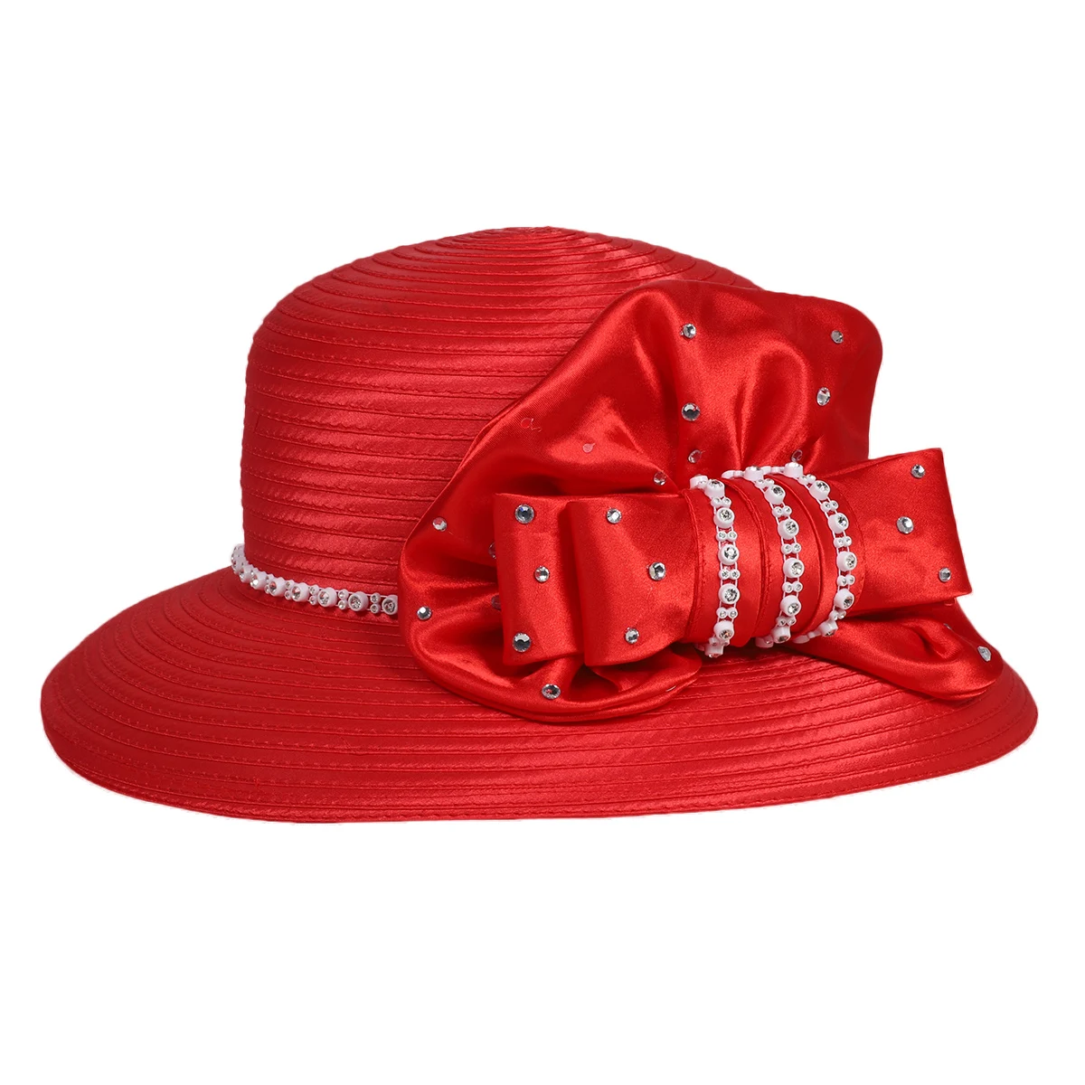 Women's Wedding Hat - Wide Brim Bowler Cap with Bow Rhinestone, Formal Bridal Party Flat Top Sun Visor for Ceremonies & Events