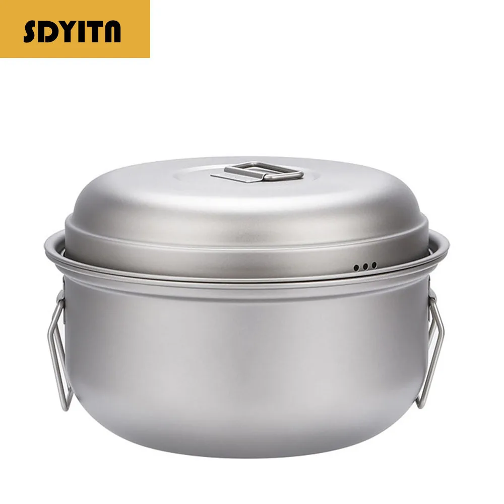 Lightweight Portable Pure Titanium Camping Pot Set with Large Capacity Soup Pot and Steamer Pot for Outdoor and Home Cooking