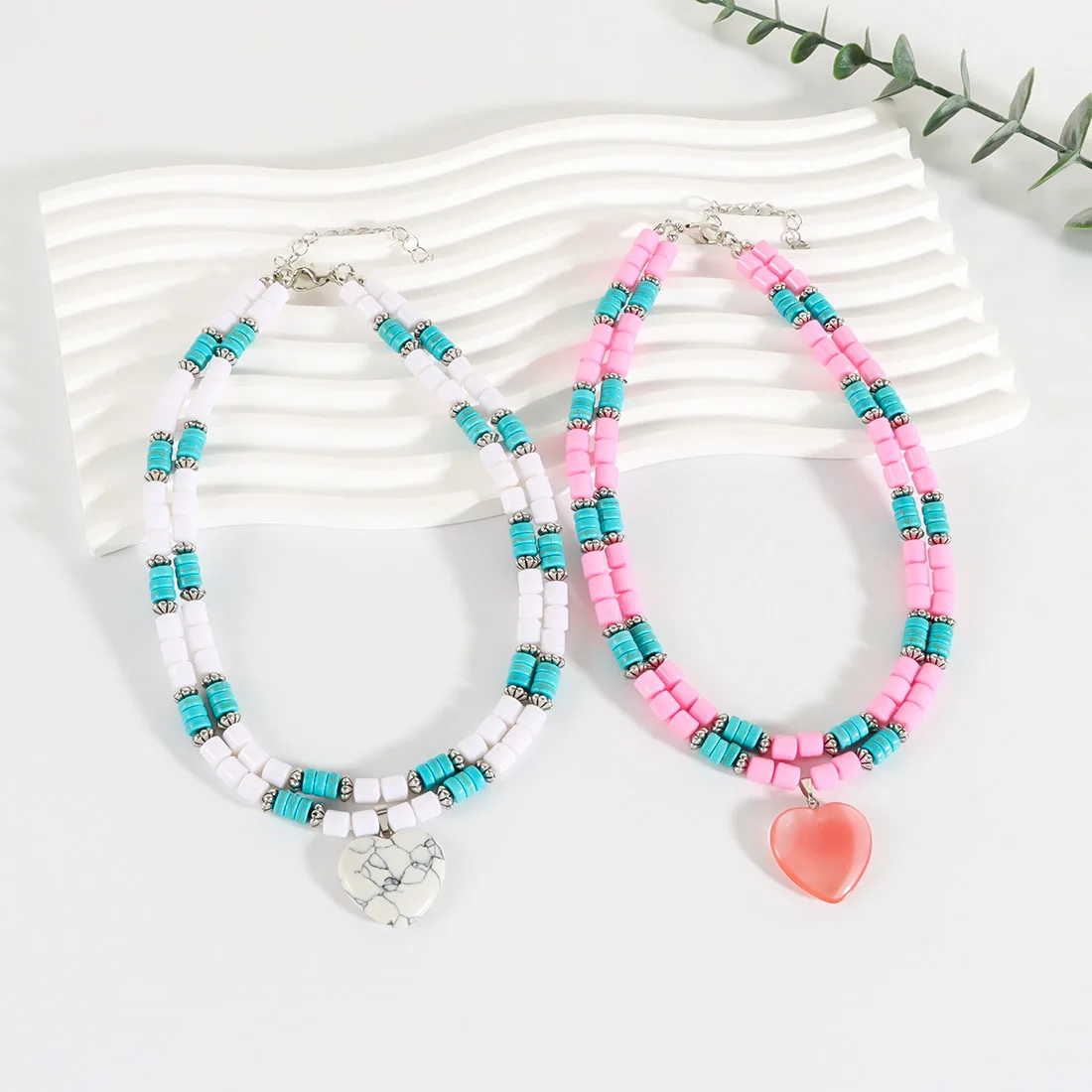 DIY accessories European and American cross-border fresh and sweet love pendant necklace double-layer turquoise collarbone chain