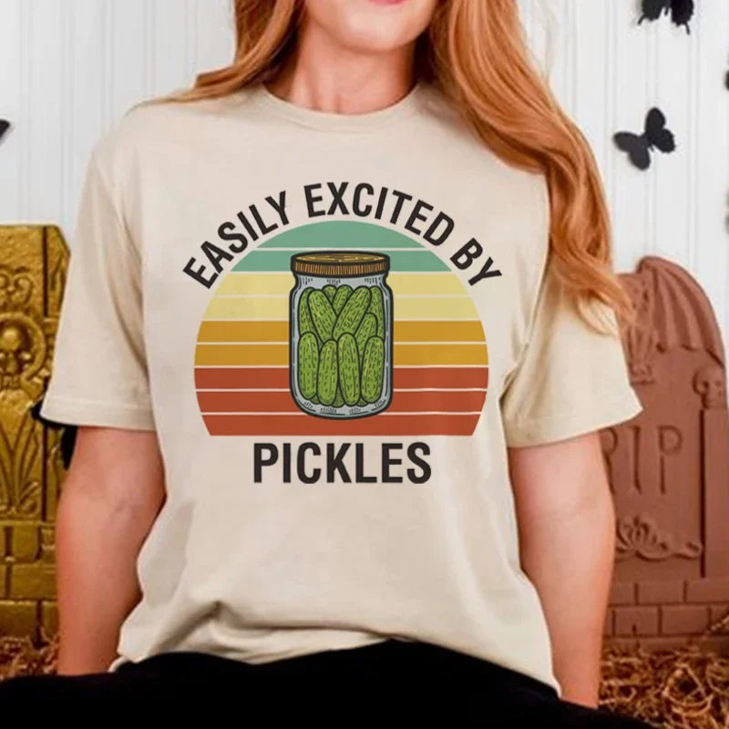 Easily Excited By Pickles Retro Graphic Tees Women Cute Funny Pickle Lovers T Shirt Short Sleeve Vintage Tops Female Clothing
