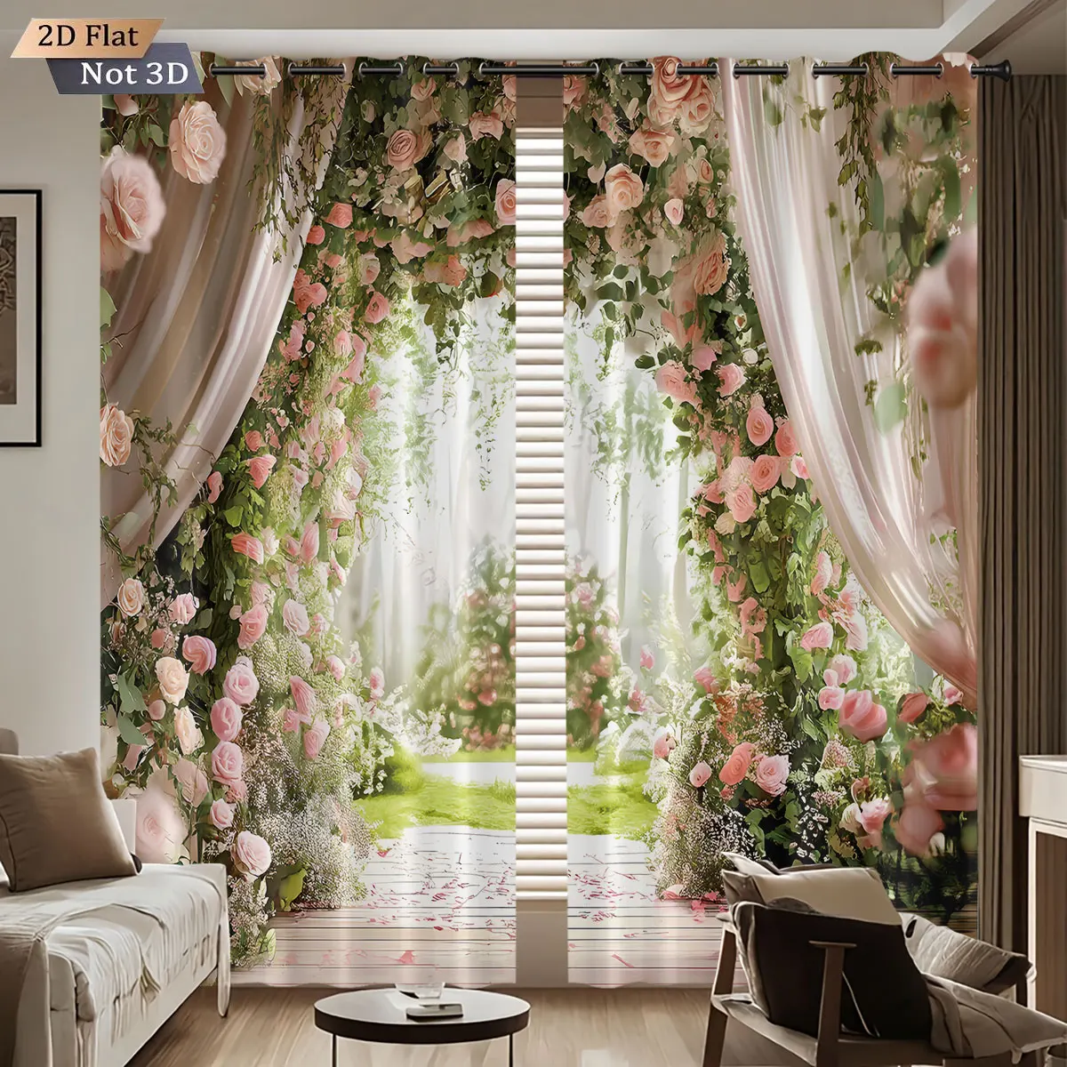 

2pcs dreamy pink rose garden printed perforated blackout curtains with multiple sizes living room bedroom insulation decoration