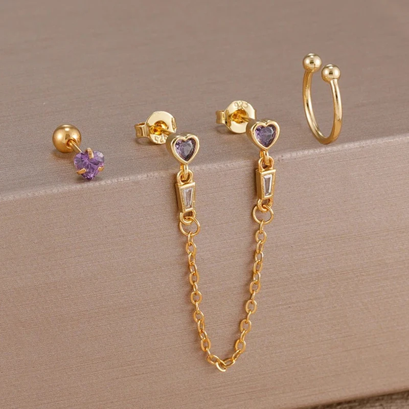 3PCS Heart Square Purple Zircon Tassel Chain Earrings Set For Women Gold Plated Elegant Studs Hoop Earring Girl Party Jewelry